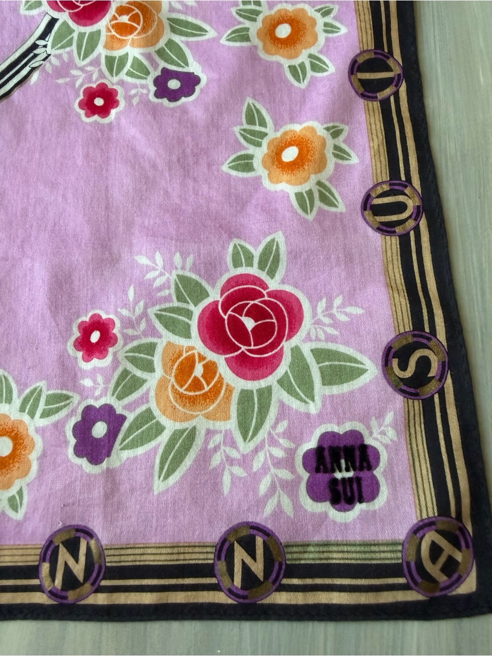 Anna Sui floral cotton scarf Bandana Roses Butterfly Purple Hair Bow Bag Scarf - Picture 4 of 12